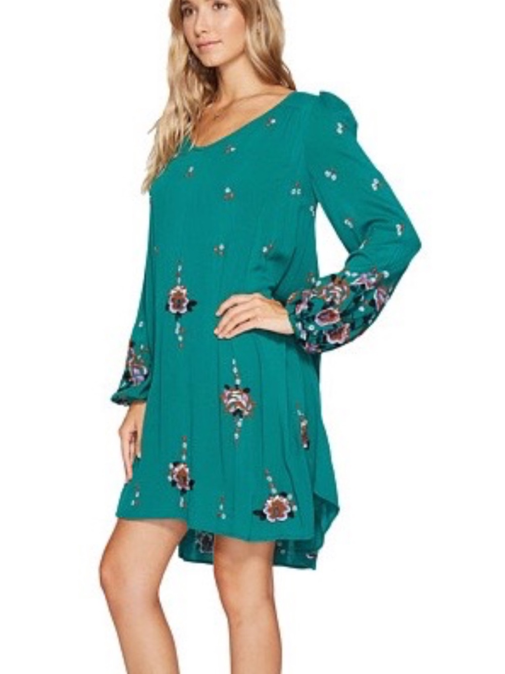 Free People teal embroidered Oxford shift dress